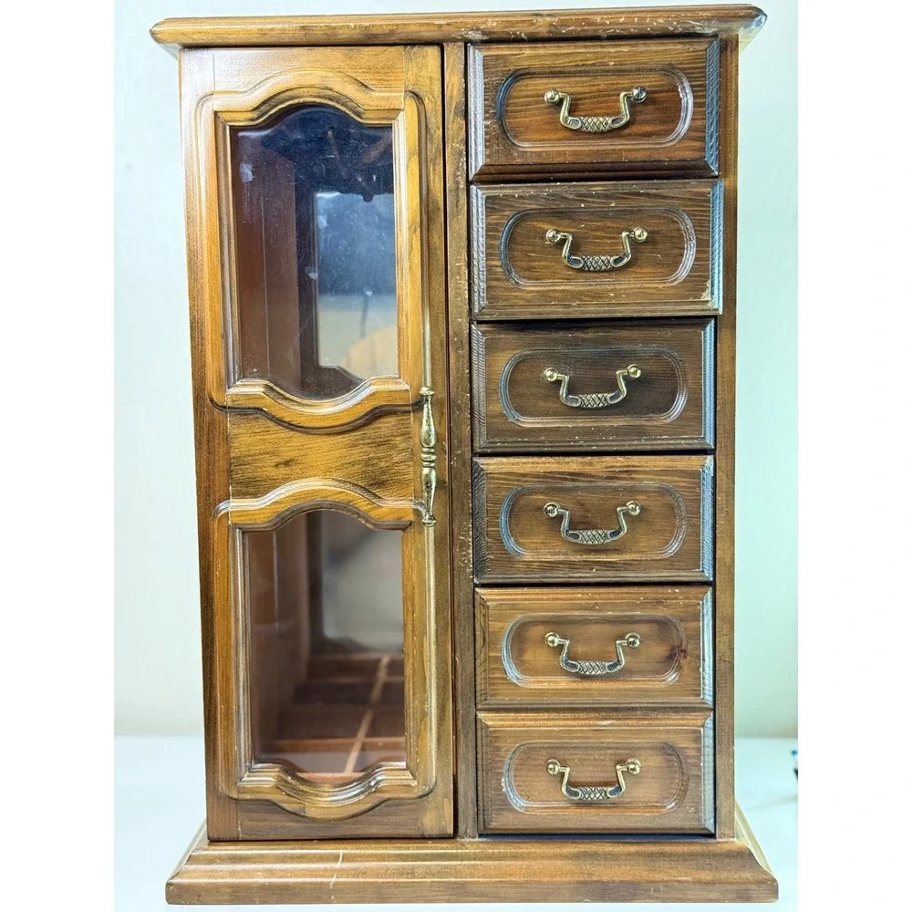 Vintage 1981 Avon Team Leader Jewelry Box Wooden Armoire Mirror 6 Drawers
